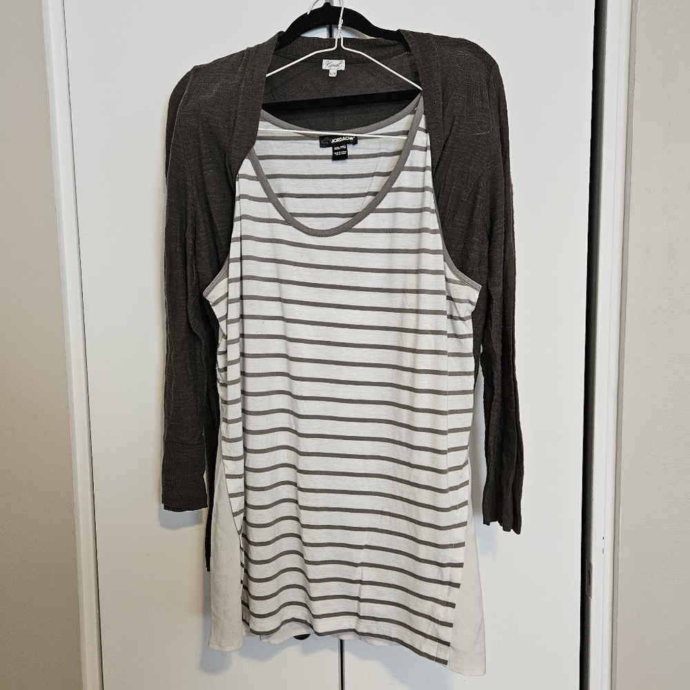 🌺  Olive Green Cardigan XL; Light Olive Stripped Tank XXL (2 Items)